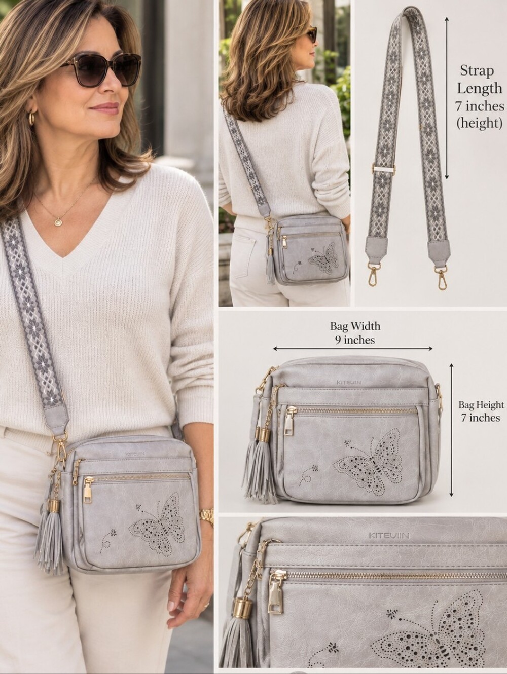 KITEVIUN Gray Vegan Leather Laser Cut Butterfly Crossbody Purse NWOT